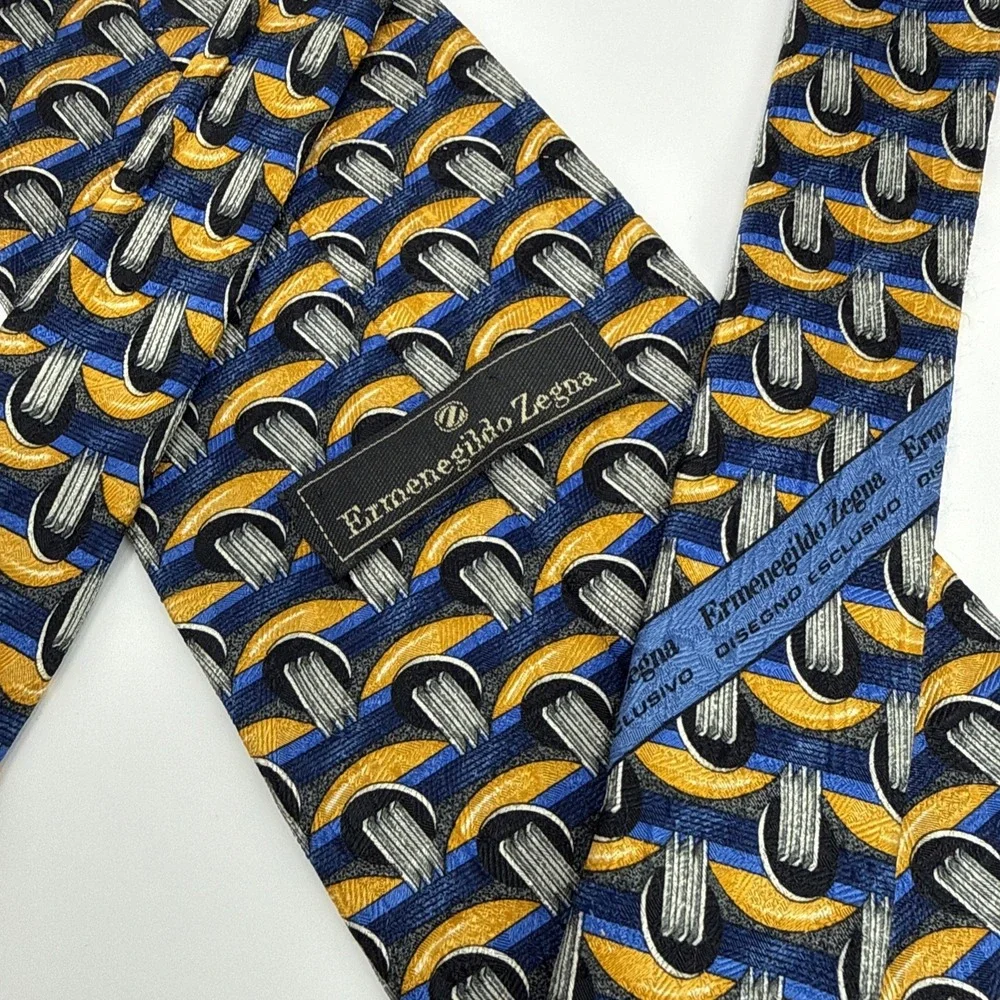Ermenegildo Zegna Mens Silk Tie Blue Gold Geometric Made in Italy Accessory